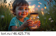Child capturing fireflies in a jar during golden hour in a meadow. Стоковое AI-изображение, AI-художник Сергей Толмачёв / Фотобанк Лори