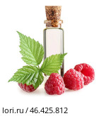 Bottle of raspberry essential oil on white background. Стоковое фото, фотограф Pixel_shot / Фотобанк Лори