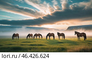 Horses graze peacefully under a dramatic sunset sky in a tranquil landscape. Стоковое AI-изображение, AI-художник Сергей Толмачёв / Фотобанк Лори