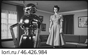 Retro Housewife Posing with Robot in Futuristic Living Room. Стоковое видео, видеограф Данил Руденко / Фотобанк Лори