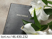 Holy Bible and flowers on grey background, closeup. Стоковое фото, фотограф Pixel_shot / Фотобанк Лори
