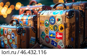 Vintage travel suitcases adorned with colorful stickers arranged outdoors during evening hours. Стоковое AI-изображение, AI-художник Сергей Толмачёв / Фотобанк Лори