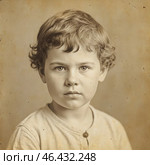 Винтажная фотография ребенка в старинной одежде, с задумчивым выражением лица. Сепия, эффект старения, потертости. Атмосфера прошлого, ретро-стиль, исторический антураж. Стоковое AI-изображение, AI-художник Ирина Першина / Фотобанк Лори