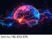 An abstract, neon brain, done in a cybernetic style. It glows with bright colors - blue, pink and purple, creating a sense of energy and information flow. Glowing waves, similar to electrical impulses or data streams, emanate from the brain, which emphasizes the idea of ​​intelligence, neural networks and digital consciousness. The background is dark, starry, reminiscent of space or virtual reality, which creates an effect of mystery and depth. Стоковое AI-изображение, AI-художник Анна Кривицкая / Фотобанк Лори
