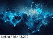 Beautiful abstract background. Image of blue hearts on a dark background. It looks like waves and splashes of water against the backdrop of space. Illustration of care, love, feelings. Generative AI. Стоковое AI-изображение, AI-художник Андрей Степанов / Фотобанк Лори