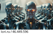 Group of artificial intelligence robots. Group of cyborgs in factors. Modern technologies, AI management. Concept of the future. 3D rendering. Стоковое AI-видео, аниматор ALLA YURTAYEVA / Фотобанк Лори