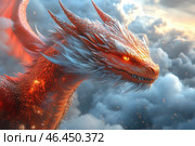 A majestic red dragon soaring through the clouds. Its body is covered in strong scales that shimmer with fiery hues, and its eyes glow with a bright light, radiating strength and power. A mane of silvery-white hair gives the creature an even more epic look. Flames sparkle around it, creating a sense of power and supernatural energy. The background of the image consists of clouds, giving the scene an atmosphere of majesty and height. Стоковое AI-изображение, AI-художник Анна Кривицкая / Фотобанк Лори