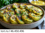 A delicious dish of fried artichokes, cut into halves or quarters and fried until golden brown. The dish is garnished with fresh herbs, probably parsley, and seasoned with spices. The artichokes are arranged on a rustic ceramic plate, creating a cozy atmosphere. In the background, a yellow sauce is visible, which is probably served as an accompaniment. The color scheme of the photo combines warm golden and green shades, creating a feeling of homeliness and gastronomic pleasure. Стоковое AI-изображение, AI-художник Анна Кривицкая / Фотобанк Лори