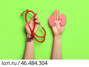 Женщина со стетоскопом и бумажными почками на зеленом фоне. Стоковое фото, фотограф Pixel_shot / Фотобанк Лори