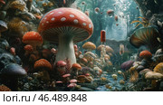 A fantastic mushroom forest with giant fly agarics and various mushrooms, creating a mysterious atmosphere. Capsules with unknown substances float in the air, adding a sci-fi touch to the scene. Light refracts through dense vegetation, creating soft, diffused lighting. The water in the stream mirrors the bizarre shapes of the mushrooms and the surroundings. The depth of the image emphasizes the effect of an underwater world or an alternate reality, where nature and technology merge into one. Стоковое AI-изображение, AI-художник Анна Кривицкая / Фотобанк Лори