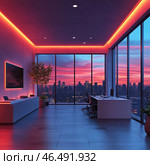 A modern office or workspace with panoramic windows offering stunning views of the cityscape at sunset. The sky is painted in rich shades of pink, orange and blue, creating an impressive backdrop. The interior is dominated by a minimalist style: white tables, office chairs, built-in cabinets and a large screen on the wall. The atmosphere of coziness and futurism is added by soft LED lighting in a warm red shade, built into the perimeter of the ceiling and wall. Green indoor plants are located in the corners, creating a balance between technology and natural harmony. Стоковое AI-изображение, AI-художник Анна Кривицкая / Фотобанк Лори