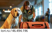 Security officer checking luggage with detection dog in airport terminal. Стоковое AI-изображение, AI-художник Юрий Поздников / Фотобанк Лори
