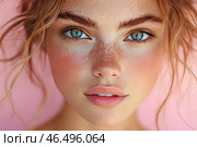Portrait of a young girl with freckles and expressive blue eyes. Her skin has a natural glow, and her lips are a soft pink shade. Her hair is slightly disheveled, with casually curled strands, which adds dynamics and lightness to the image. The background is made in soft pink tones, creating a harmonious contrast with her skin and hair. The girl's gaze is penetrating and lively, and the soft lighting emphasizes her natural beauty and freshness. Стоковое AI-изображение, AI-художник Анна Кривицкая / Фотобанк Лори