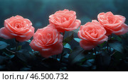 Beautiful Pink Roses Glisten With Dew in a Serene Garden Setting at Dawn. Стоковое AI-изображение, AI-художник Юлия Гапеенко / Фотобанк Лори
