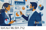 Business people discussing financial charts and pie graphs. Стоковое AI-видео, аниматор Юрий Поздников / Фотобанк Лори