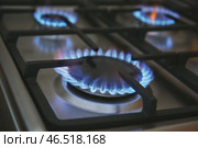 Газовая горелка с голубым пламенем на бытовой плите, крупным планом. Стоковое фото, фотограф Pixel_shot / Фотобанк Лори