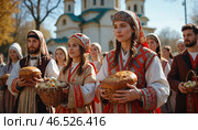 Люди в традиционной одежде с корзинами хлеба и яиц, религиозная процессия, культурное наследие. Стоковое AI-изображение, AI-художник Виталий Самсонов / Фотобанк Лори