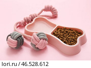 Миска в форме кости с сухим кормом для домашних животных и игрушкой для жевания на розовом фоне. Стоковое фото, фотограф Pixel_shot / Фотобанк Лори