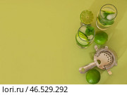 Стаканы свежего мохито с коктейльным стрейнером на зеленом фоне. Стоковое фото, фотограф Pixel_shot / Фотобанк Лори