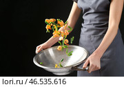 Женщина готовит вкусные креветки с зеленой фасолью в воке на темном фоне. Стоковое фото, фотограф Pixel_shot / Фотобанк Лори