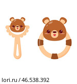 A baby rattle with a handle and a ring. A rattle with a cartoon bear for kids. A gift for newborns. Стоковая иллюстрация, иллюстратор Светлана  Громак / Фотобанк Лори