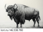 A powerful bison, executed in black and white with great detail. Its thick fur, massive body and curved horns create an image of strength and grandeur. The animal's gaze is serious and focused, and the background is minimalist, slightly blurred, which emphasizes the main focus on the bison. The overall atmosphere of the image conveys a sense of wildness, freedom and pristine nature. Стоковое AI-изображение, AI-художник Анна Кривицкая / Фотобанк Лори