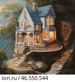 A charming fairytale house built on the edge of a cliff. The house is Victorian in style, with white wooden columns, carved balconies, arched windows and a cozy veranda. The evening light pours in from the windows, creating a feeling of warmth and coziness.A stone staircase built right into the cliff leads to the house, emphasizing its unique location. Trees and flowers grow around, giving the scene a picturesque feel. The background is a misty blue, creating depth and a feeling of sublimity.The painting resembles an illustration for a fairy tale or a fantasy plot, where the house seems to be part of a magical world. Стоковое AI-изображение, AI-художник Анна Кривицкая / Фотобанк Лори