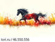 A black stallion running through a field, done in watercolor painting with abstract elements. His body seems to dissolve in splashes of red and yellow paint, creating the effect of fire, speed and freedom.The background is minimalist and light, which emphasizes the dynamics of the movement and emphasizes the contrast between the dark silhouette of the horse and bright splashes of color. His flowing mane and tail add a sense of wildness and unbridled power.This image symbolizes freedom, power and striving forward, which makes it especially expressive and inspiring. Стоковое AI-изображение, AI-художник Анна Кривицкая / Фотобанк Лори