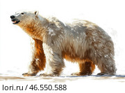 A powerful polar bear, depicted in an artistic style with elements of realism. Its fur is detailed, with a play of light and shadow, giving it volume and texture. In some places, the fur has a warm, golden-brown hue, giving the impression of reflected sunlight or traces of contact with snow and earth. The bear stands on a snowy surface, its claws are visible, and its muzzle is slightly open, showing its teeth. The background is minimalist, white, emphasizing the majesty and severity of the animal. Стоковое AI-изображение, AI-художник Анна Кривицкая / Фотобанк Лори