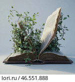 An old open folio with yellowed pages, from which green plants sprout, twining around the text and the book binding. The leaves and branches seem to merge with the contents of the book, creating the effect of living, animated knowledge. The book symbolizes the connection between nature and wisdom, the growth of ideas and the eternal life of information. The background is light, neutral, which emphasizes the details of the old volume and fresh greenery. Стоковое AI-изображение, AI-художник Анна Кривицкая / Фотобанк Лори