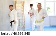 Motivated sporty elderly man wearing white kimono with yellow belt performing kata routines to hone martial arts skills in training room with group of fighters. Стоковое видео, видеограф Яков Филимонов / Фотобанк Лори