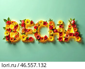 Слово "ВЕСНА" написанное объемными яркими буквами составленными из цветов. The word "SPRING" written in voluminous bright letters made up of flowers. Стоковое AI-изображение, AI-художник Гер Олег / Фотобанк Лори