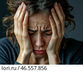 Женщина держит руки у висков - депрессия, головная боль, мигрень. Стоковое AI-изображение, AI-художник Руслан Лесков / Фотобанк Лори