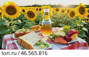 A bottle of sunflower oil, fresh sunflower flowers and seeds on the table, on the background of a landscape with a blooming field, summer, autumn. Стоковое AI-видео, аниматор ALLA YURTAYEVA / Фотобанк Лори