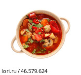 Горшок вкусного говяжьего рагу на белом фоне. Стоковое фото, фотограф Pixel_shot / Фотобанк Лори