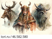 A wise old man in a luxurious robe with ornaments, decorated with fur, metal inserts and ethnic details. His head is crowned with an intricate headdress with horns, leaves and precious stones, symbolizing his connection with nature and spirits. On the sides of the old man are depicted two mystical entities: the left creature resembles a mighty deer with massive horns decorated with amulets, and the right one is a creature with the features of a bull and a goat, wearing a helmet with magical symbols. The entire composition is made in a watercolor style with fantasy elements, creating a mystical and shamanic atmosphere. Стоковое AI-изображение, AI-художник Анна Кривицкая / Фотобанк Лори