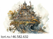 A fantastic house built on top of a rock or a huge tree. The architecture of the building is eclectic, combining elements of medieval castles, wooden huts and fairy-tale buildings with many turrets, balconies and staircases. The house is decorated with wooden details, small windows with carved shutters and chimneys. Around it are trees, vines and bridges connecting the different levels. The atmosphere indicates a fairy-tale or steampunk style, giving the place a sense of coziness and mystery. Birds fly in the sky in the distance, and at the foot of the stairs stands a mysterious figure in a hood. Стоковое AI-изображение, AI-художник Анна Кривицкая / Фотобанк Лори