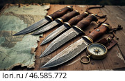 Fine collection of handcrafted knives arranged neatly on a rustic wooden table with a vintage compass and a faded map. Стоковое AI-изображение, AI-художник Сергей Толмачёв / Фотобанк Лори