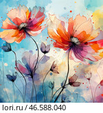 A watercolor illustration with bright flowers, executed in a modern artistic style. Two large flowers with red-orange and pink petals flow softly into the surrounding space, creating a feeling of airiness. Thin black stems and contours emphasize the structure of the flowers, giving the composition elegance and dynamics.The background is executed in delicate blue and golden tones, with chaotic drops of paint and blurred transitions, which is reminiscent of impressionism and Art Nouveau. Less detailed buds are visible around the main flowers, creating depth and harmony in the composition. Стоковое AI-изображение, AI-художник Анна Кривицкая / Фотобанк Лори