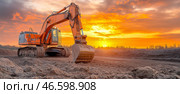 A group of excavators are working at the construction site, evening sunset. Стоковое AI-изображение, AI-художник Ирина Ручушкина / Фотобанк Лори