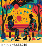 An abstract scene in the Art Nouveau and Pop Art style, where two figures, a man and a woman, sit on a bench and have a conversation. Their silhouettes are black, but their clothes are covered with bright patterns and geometric shapes, creating contrast and dynamics. The background is filled with cosmic motifs, circles, stars and abstract shapes, which gives the scene a fantasy, surreal character.The color palette includes warm shades of orange and yellow, mixed with deep blue, red and green accents. This combination creates an atmosphere of warmth, energy and dreaminess. Стоковое AI-изображение, AI-художник Анна Кривицкая / Фотобанк Лори