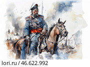 A cavalry soldier dressed in a uniform reminiscent of the Napoleonic or 19th century wars. He is wearing a warm overcoat with shoulder straps and a fur collar, and on his head is a shako with a characteristic plume. The warrior looks seasoned and stern, with a thick beard and a stern expression. He holds a pistol or a sabre in his hand, and with his other hand confidently controls the horse.The horse stands energetically in the snow, its eyes and movements conveying the tension of the moment. In the background, scenes of battle, smoke from gunfire, other riders and soldiers are visible. The entire picture is executed in a dynamic manner, the watercolor brushstrokes give it life and movement, enhancing the feeling of battle. Стоковое AI-изображение, AI-художник Анна Кривицкая / Фотобанк Лори