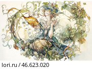 In the style of a watercolor illustration with elements of Art Nouveau and fantasy. In the center of the composition is an elegant woman in a romantic dress with ruffles and a hat decorated with flowers and leaves. She holds an elegant bottle in her hands, from which magic seems to flow. Her pose is relaxed, with a half-smile on her face, creating a feeling of harmony and dreaminess.Around her, graceful, curled leaves and vines grow, smoothly turning into decorative elements that form a circular composition. The color scheme consists of soft pastel shades of green, blue, gold and beige. The details of the leaves, clothes and bottle are carefully worked out, emphasizing the atmosphere of a fairy tale. Стоковое AI-изображение, AI-художник Анна Кривицкая / Фотобанк Лори