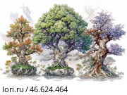 An artistic illustration of three unusual trees with powerful, curved trunks and a complex system of intertwining roots. Each tree has its own individuality: one is covered in green foliage, another in shades of autumn, and the third is decorated with purple flowers. The roots extend beyond the ground, creating the effect of levitation or magical origin.The work is done in the style of a detailed watercolor or graphic illustration, reminiscent of a botanical fantasy or a magical forest. Light pastel shades of the background emphasize the depth of the image, creating a sense of mysticism and natural harmony. Стоковое AI-изображение, AI-художник Анна Кривицкая / Фотобанк Лори