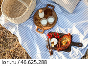 Пикник с вкусной едой и молоком на убранном поле. Стоковое фото, фотограф Pixel_shot / Фотобанк Лори