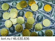 Физические монеты криптовалюты биткойн и купюры номиналом 20 долларов США. Стоковое фото, фотограф Петр Ковалев / ТАСС / Фотобанк Лори