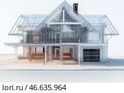Modern glass-fronted house design merges elegance and comfort in a serene environment. Стоковое AI-изображение, AI-художник Михаил Коханчиков / Фотобанк Лори