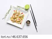 Тарелка с вкусной японской гёдза и соусом на белом фоне. Стоковое фото, фотограф Pixel_shot / Фотобанк Лори