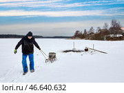 From frozen lake, farmer performs sapropel mining, using pole to scoop up organic matter through ice, gunk is moved by sleigh for soil enrichment during winter months in agriculture. Стоковое фото, фотограф Владимир Григорьев / Фотобанк Лори