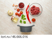 Ингредиенты для чили кон карне с горшком на светлом фоне. Стоковое фото, фотограф Pixel_shot / Фотобанк Лори